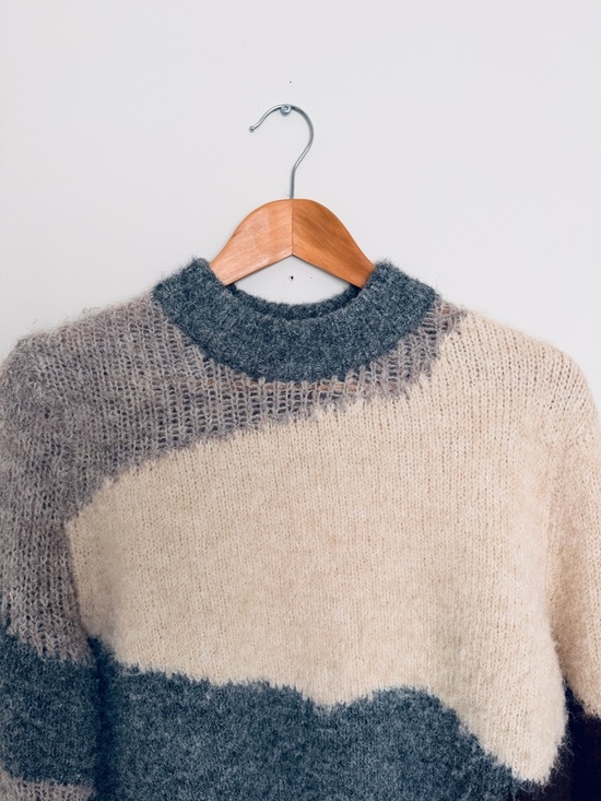 OAK + FORT Sweaters - OAK + FORT Fluffy Colorblock Knit Sweater in Cream and Charcoal